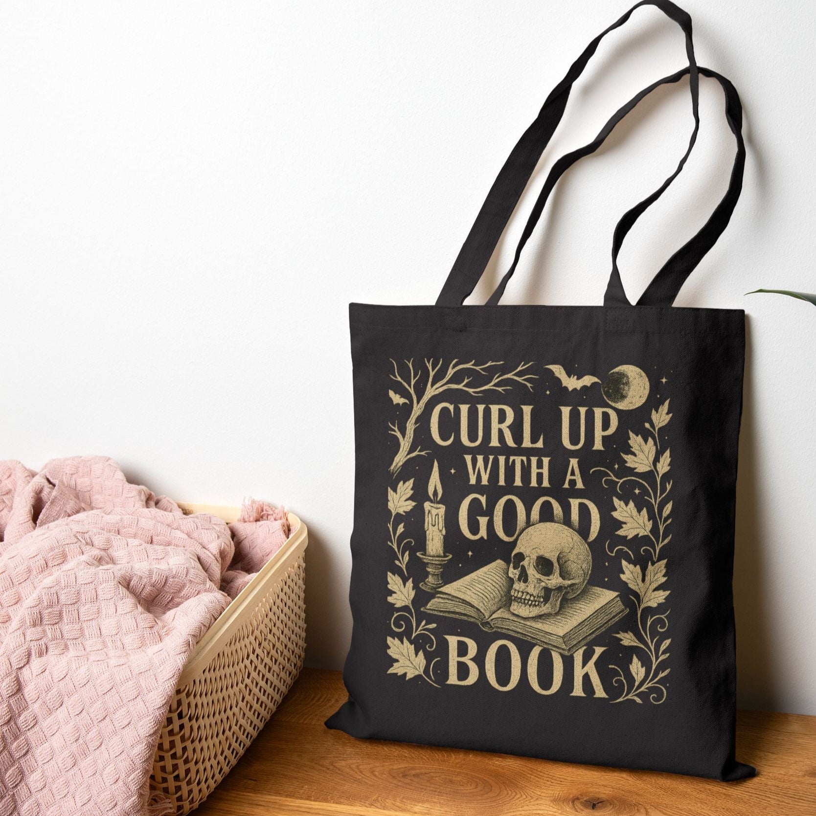 Vintage Gothic Book Lover Tote Bag – Skull & Candle Cotton Canvas Bag for Readers, Library & Gifts