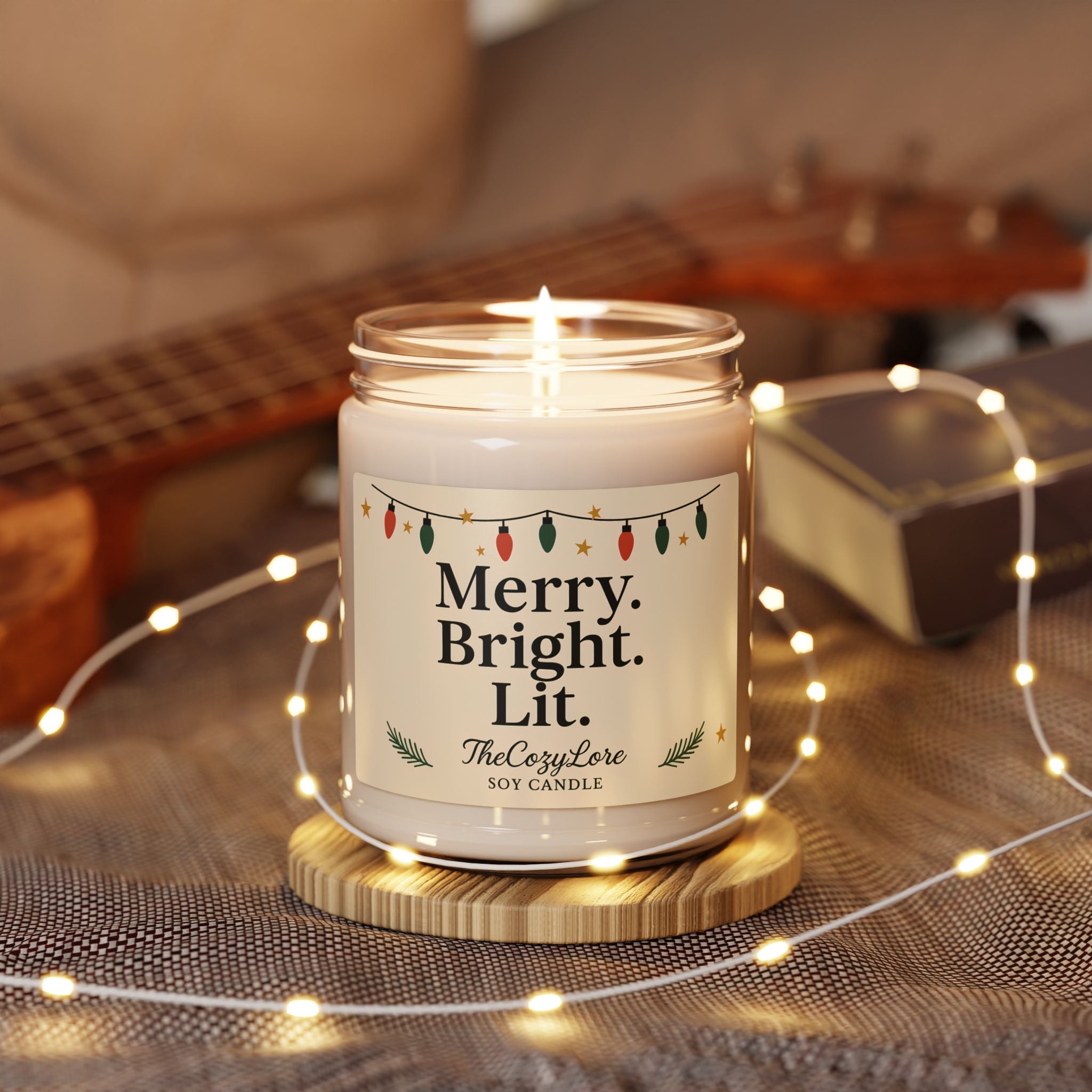 Merry Bright Lit Holiday Soy Candle Christmas Decor Jar, Winter Scented Gift for Home