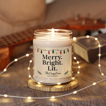 Merry Bright Lit Holiday Soy Candle Christmas Decor Jar, Winter Scented Gift for Home