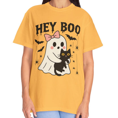 Hey Boo Ghost Shirt with Cat | Cute Halloween Tee for Women | Pastel Spooky Season Fall T-Shirt