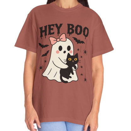 Hey Boo Ghost Shirt with Cat | Cute Halloween Tee for Women | Pastel Spooky Season Fall T-Shirt