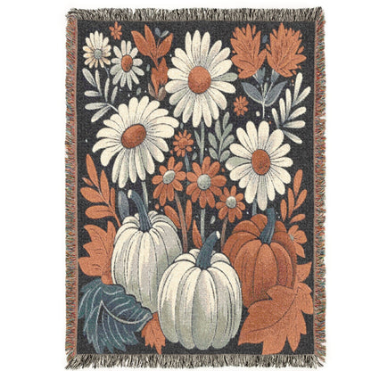 pumpkin and daisy woven throw blanket for fall decor,
rustic farmhouse pumpkin blanket with floral design,
