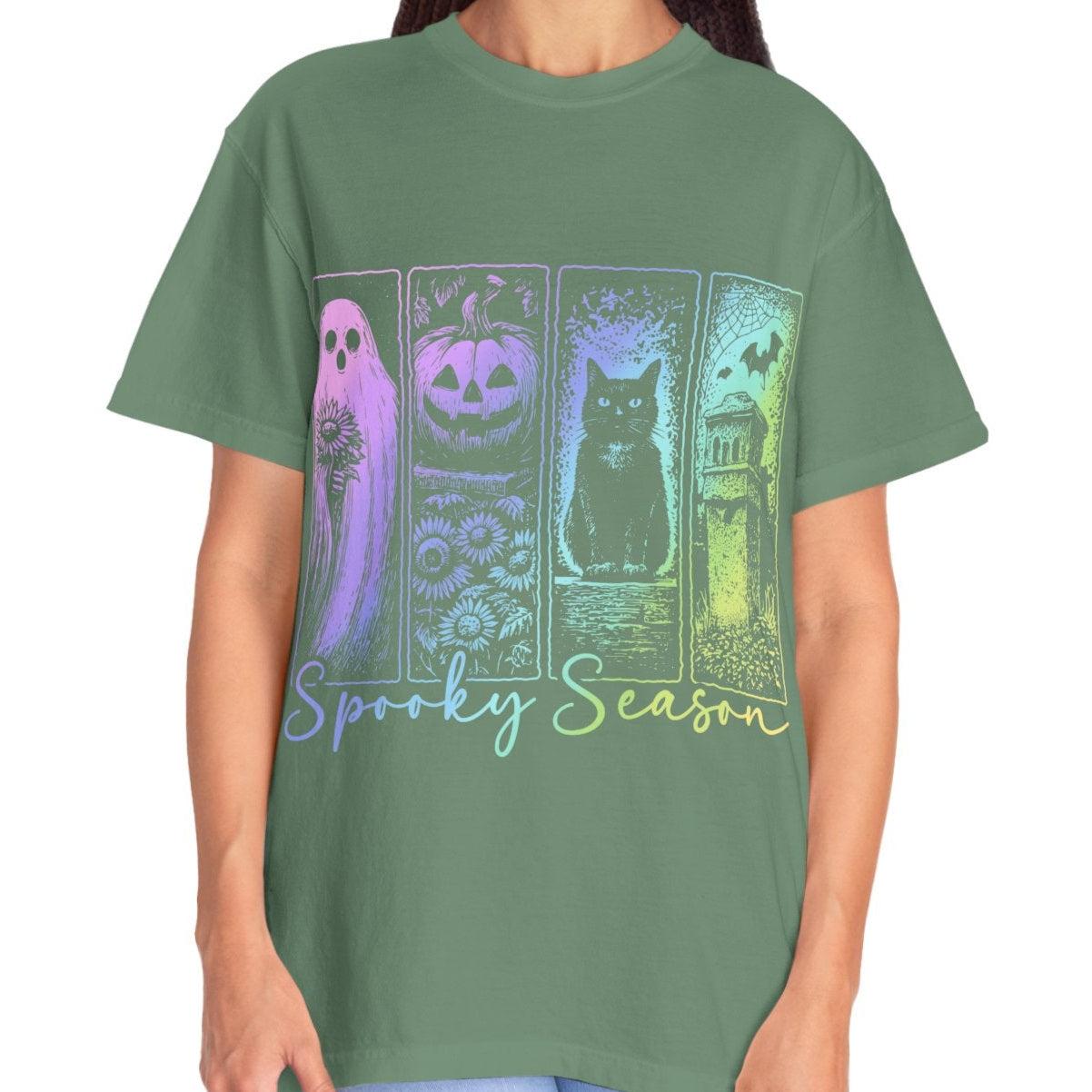 Spooky Season Halloween Shirt for Women Ghost Cat Pumpkin Tee – Cute Fall Aesthetic Witchy Graphic T-Shirt