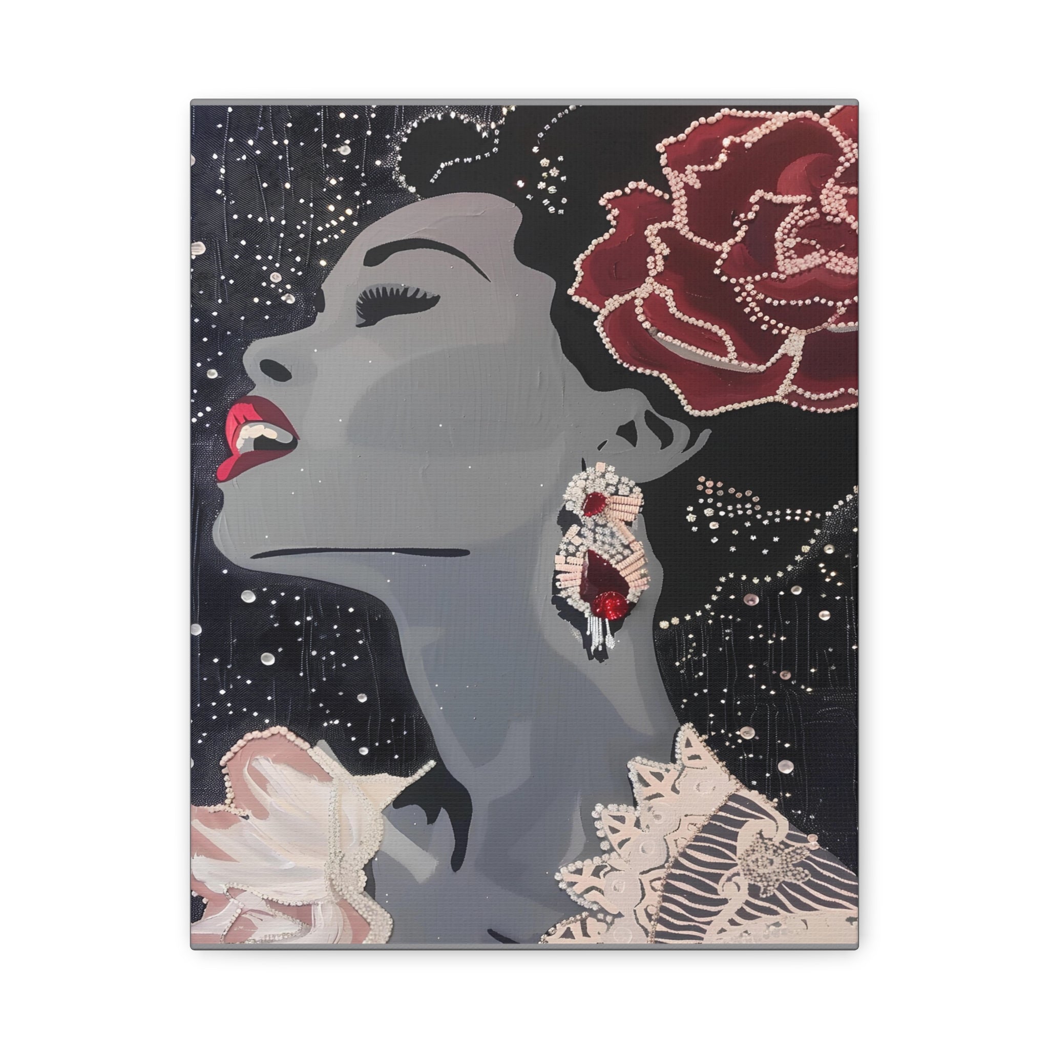 modern Afrocentric gallery wall centerpiece with pearl detailing, dramatic spotlight style jazz singer portrait canvas, cultural heritage statement art with red rose and grayscale profile