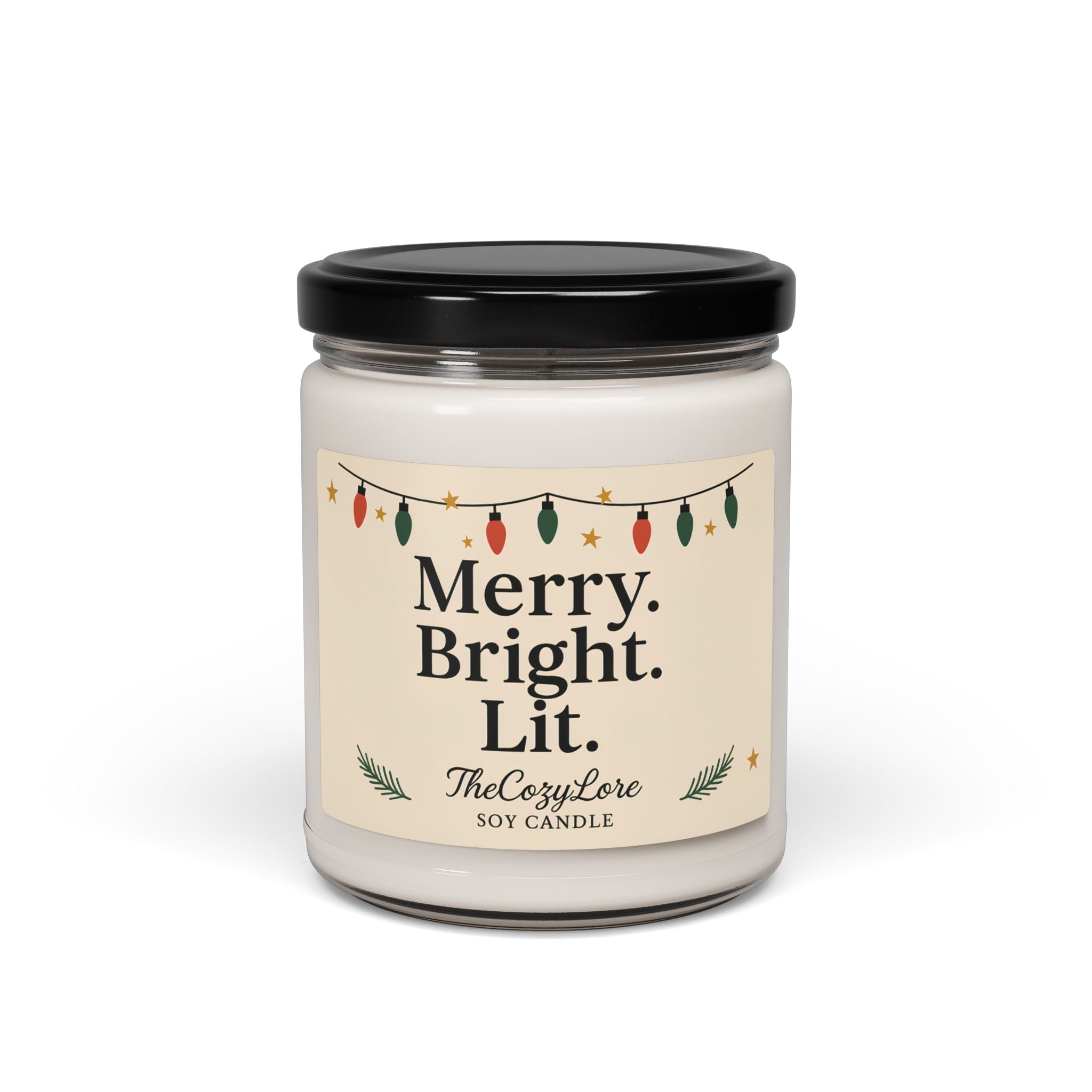Merry Bright Lit Holiday Soy Candle Christmas Decor Jar, Winter Scented Gift for Home