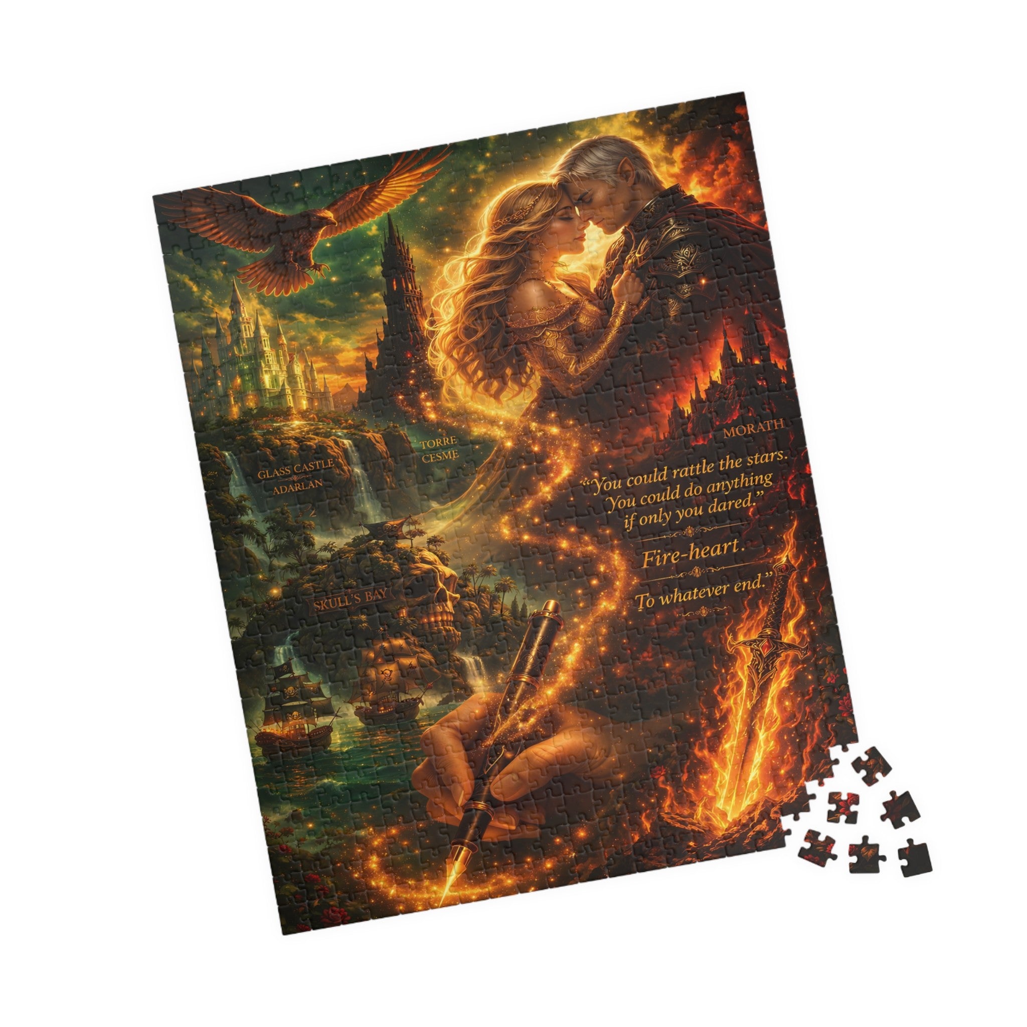 Aelin and Rowan Fantasy Fireheart Lovers Puzzle – Dramatic Romantic Castle Art Jigsaw for Adults