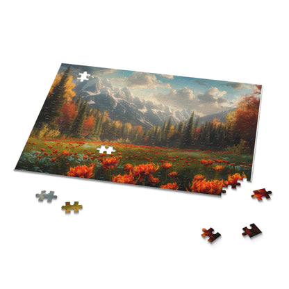 cozy cottagecore jigsaw puzzle with floral mountain design, nature art jigsaw puzzle for relaxing weekend hobby