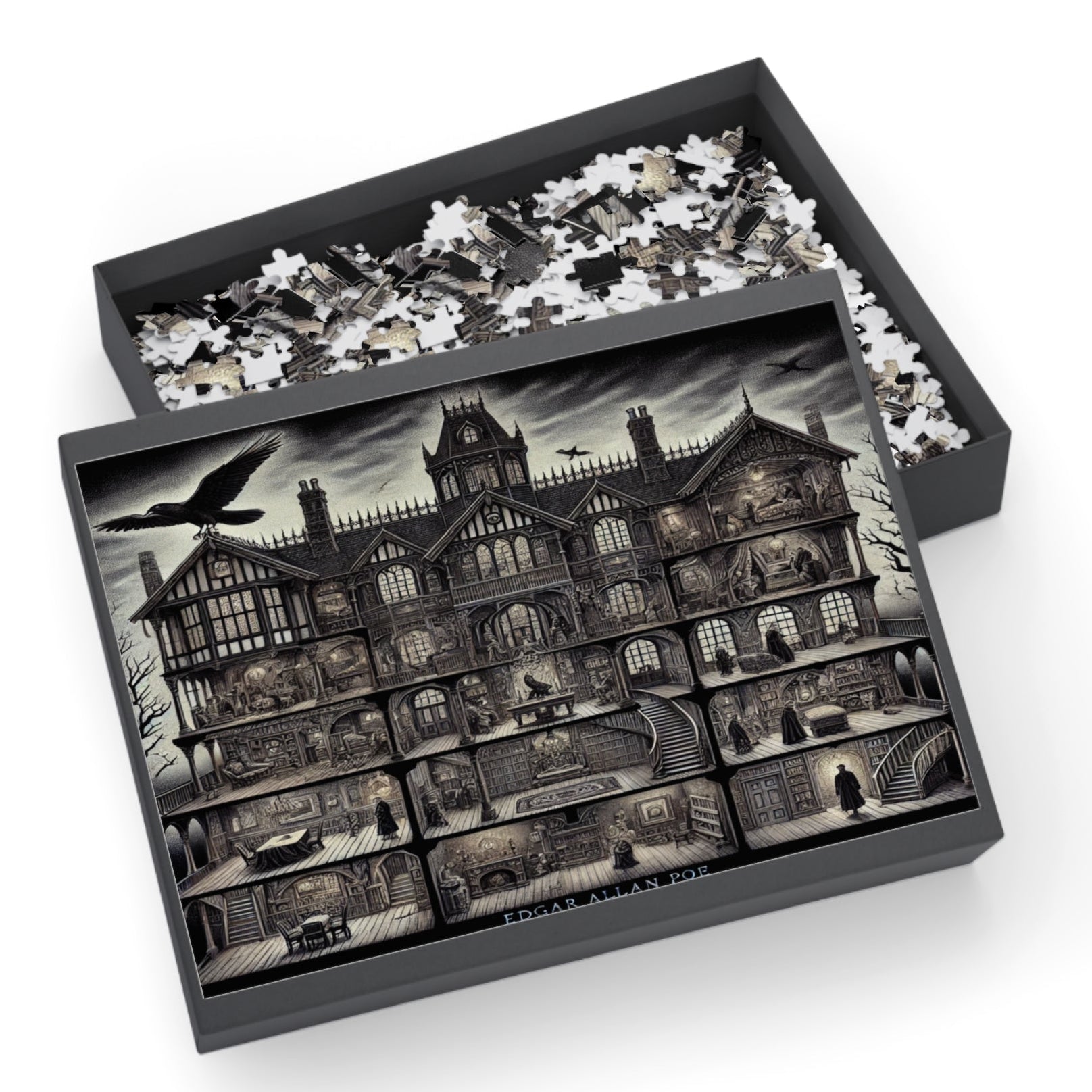 Edgar Allan Poe Haunted Mansion Puzzle Gothic Macabre Jigsaw for Adults, Spooky Raven Art Gift