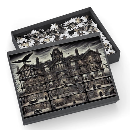 Edgar Allan Poe Haunted Mansion Puzzle Gothic Macabre Jigsaw for Adults, Spooky Raven Art Gift