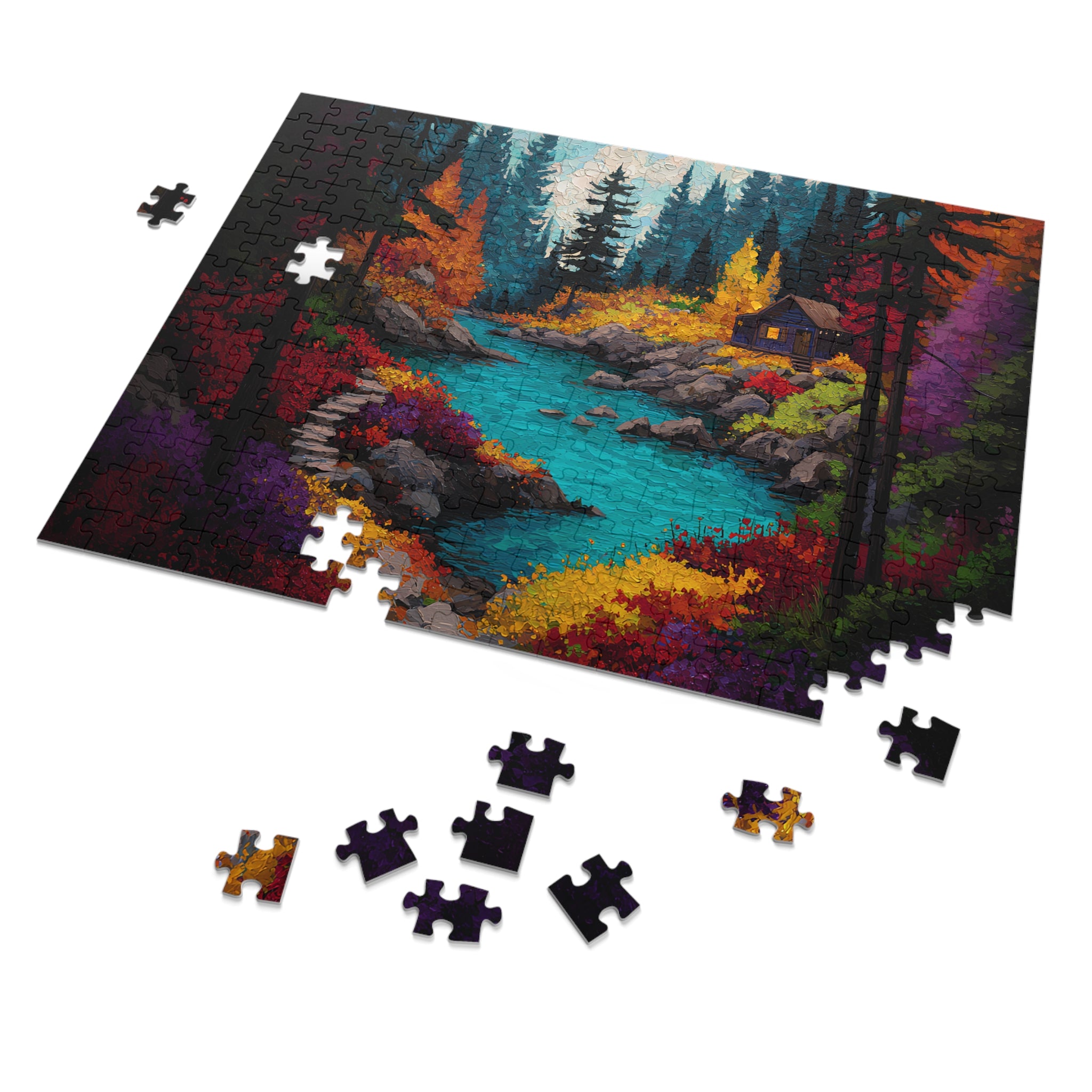 Autumn Cabin by the River Jigsaw Puzzle Cozy Fall Landscape Scene for Adults, Nature Retreat Gift