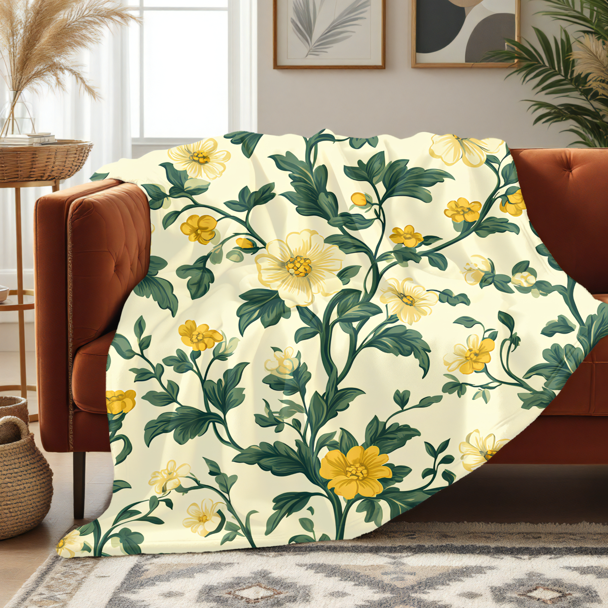 floral print throw blanket for farmhouse homes, vintage botanical blanket for tea and book lovers