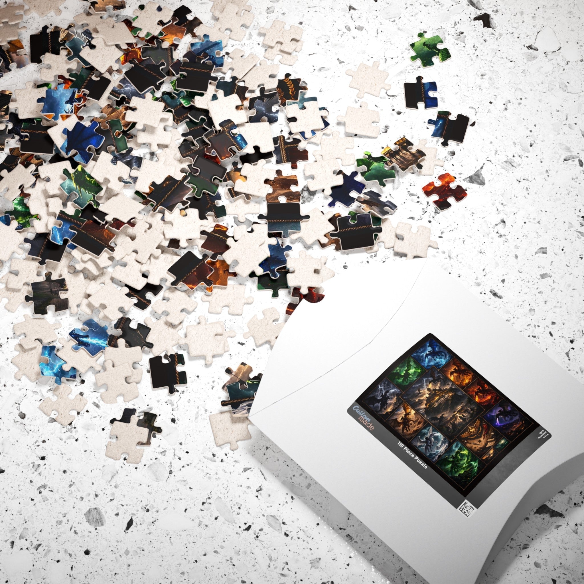 premium chipboard fantasy puzzle texture, 1014 piece dragon jigsaw layout, dragon puzzle with tea and glasses