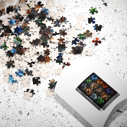premium chipboard fantasy puzzle texture, 1014 piece dragon jigsaw layout, dragon puzzle with tea and glasses