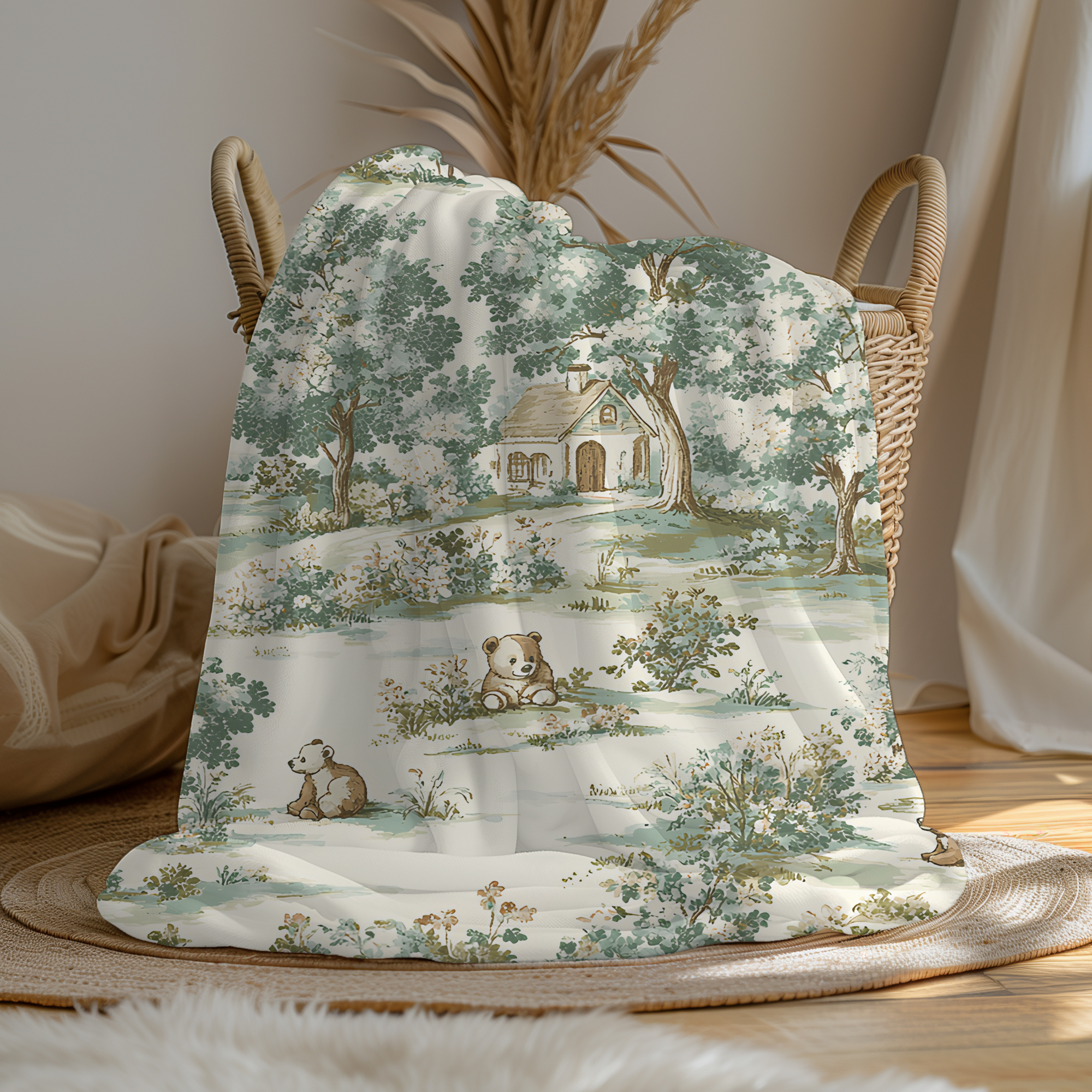 vintage teddy bear toile fleece blanket, cozy cottagecore nursery blanket, teddy bear blanket with green toile design, soft microfiber throw with woodland cottage scene