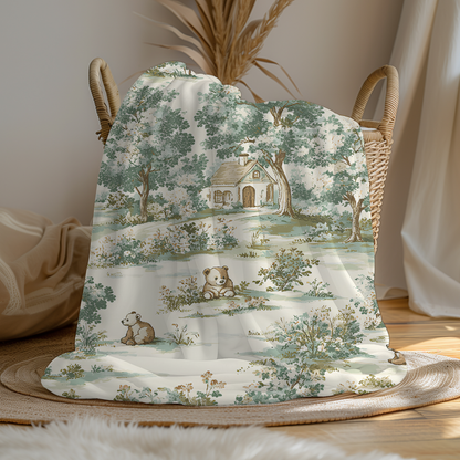 vintage teddy bear toile fleece blanket, cozy cottagecore nursery blanket, teddy bear blanket with green toile design, soft microfiber throw with woodland cottage scene