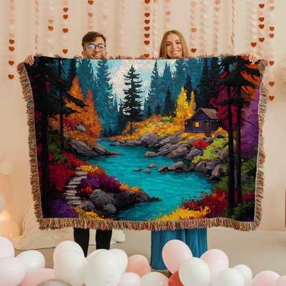 cozy cabin blanket with autumn nature scene, woven cotton blanket with colorful mountain design, rustic woodland cabin woven blanket gift,