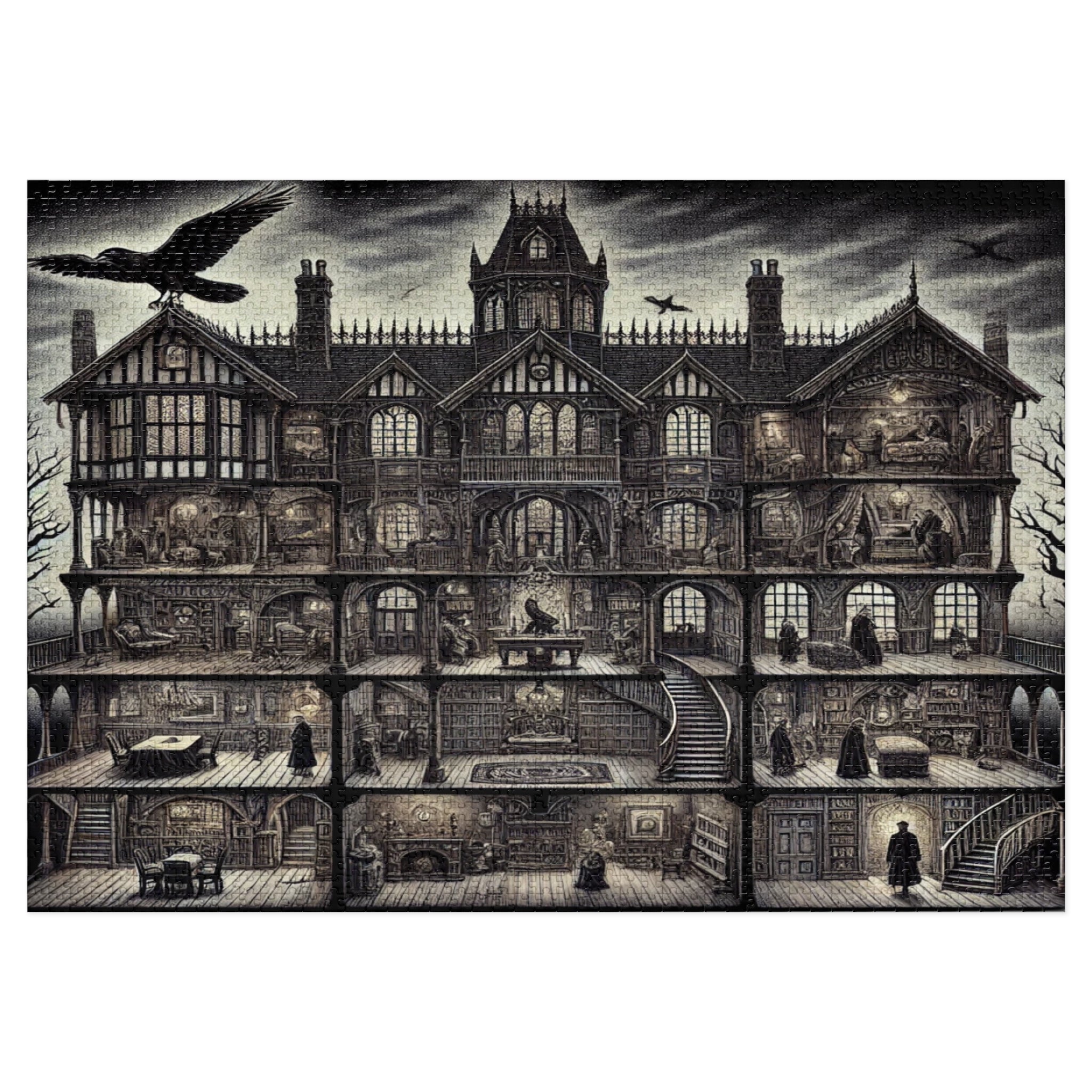 Edgar Allan Poe Haunted Mansion Puzzle Gothic Macabre Jigsaw for Adults, Spooky Raven Art Gift