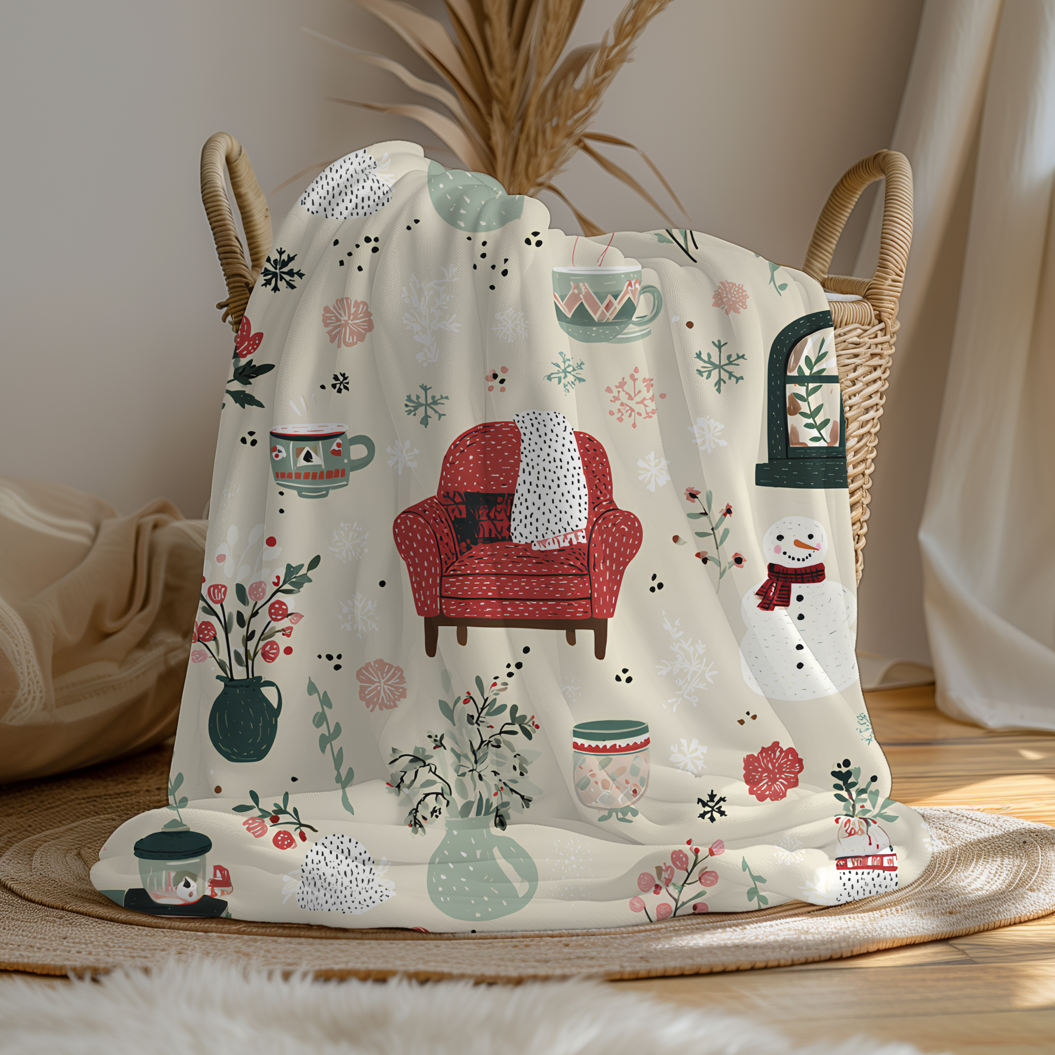 Velveteen Plush Christmas Blanket – Snowman Cocoa Floral Wreath Soft Cozy Holiday Throw