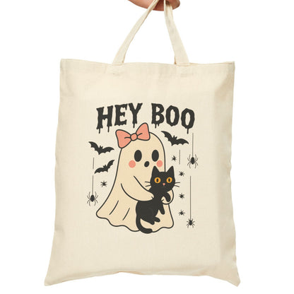 Cute Ghost & Black Cat Halloween Tote Bag | Fall Canvas Bag for Her | Reusable Trick-or-Treat Shopper