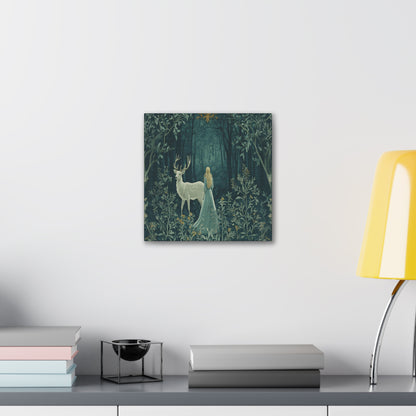 Enchanted Forest Stag & Maiden Canvas Wall Art Mystical Woodland Nature Lover Home Décor