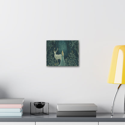Enchanted Forest Stag & Maiden Canvas Wall Art Mystical Woodland Nature Lover Home Décor