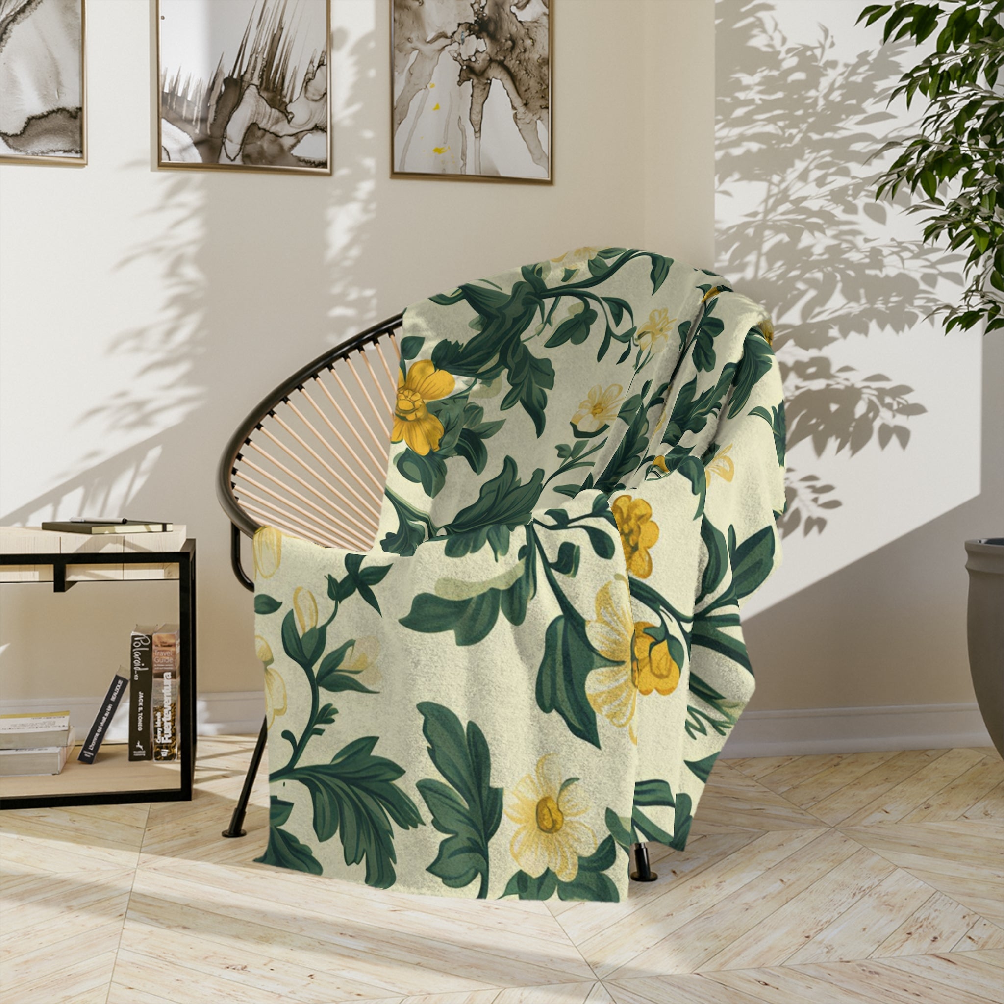yellow and green botanical blanket in cozy living room, romantic cottagecore fleece blanket with flowers