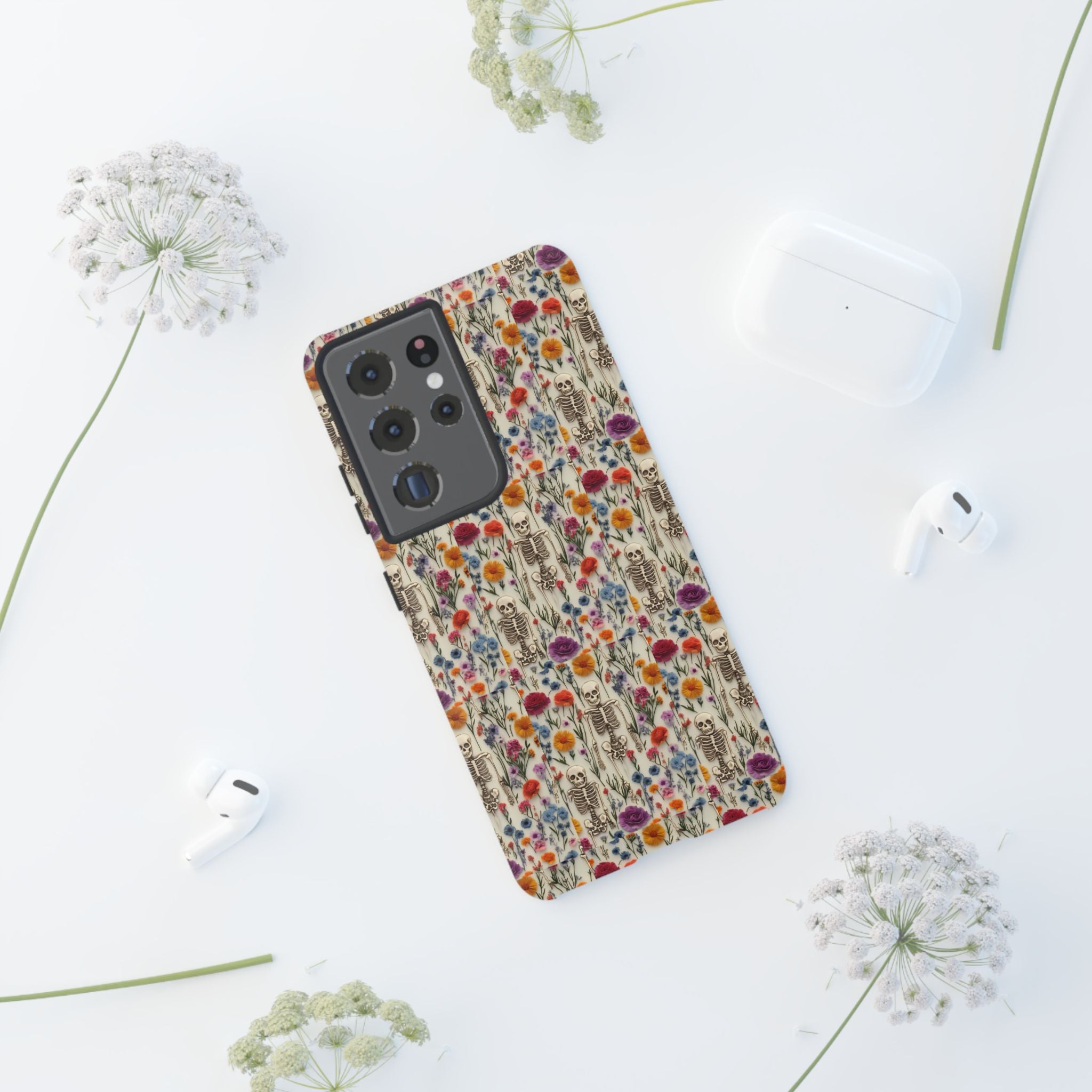 Skeleton Floral Phone Case – Gothic Vintage Botanical Skull Cover for iPhone, Samsung & Pixel Models