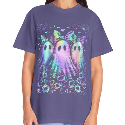 Pastel Rainbow Ghost Halloween Shirt for Women – Cute Spooky Season Tee with Bows & Floral Aesthetic