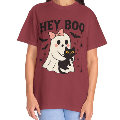 Hey Boo Ghost Shirt with Cat | Cute Halloween Tee for Women | Pastel Spooky Season Fall T-Shirt