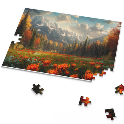 mindfulness puzzle gift for adults who love nature, scenic fall puzzle with sunset light and wildflowers