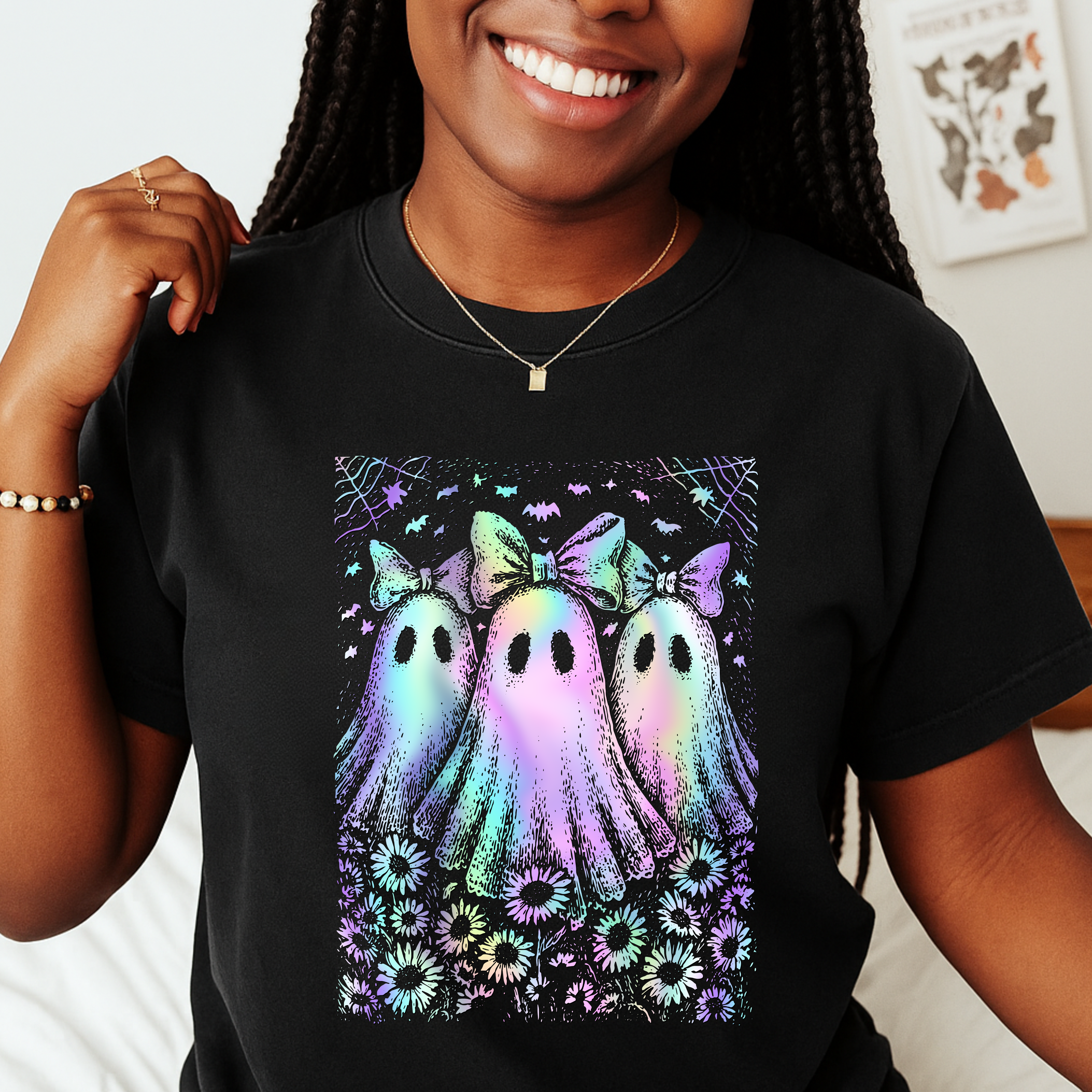 Pastel Rainbow Ghost Halloween Shirt for Women – Cute Spooky Season Tee with Bows & Floral Aesthetic