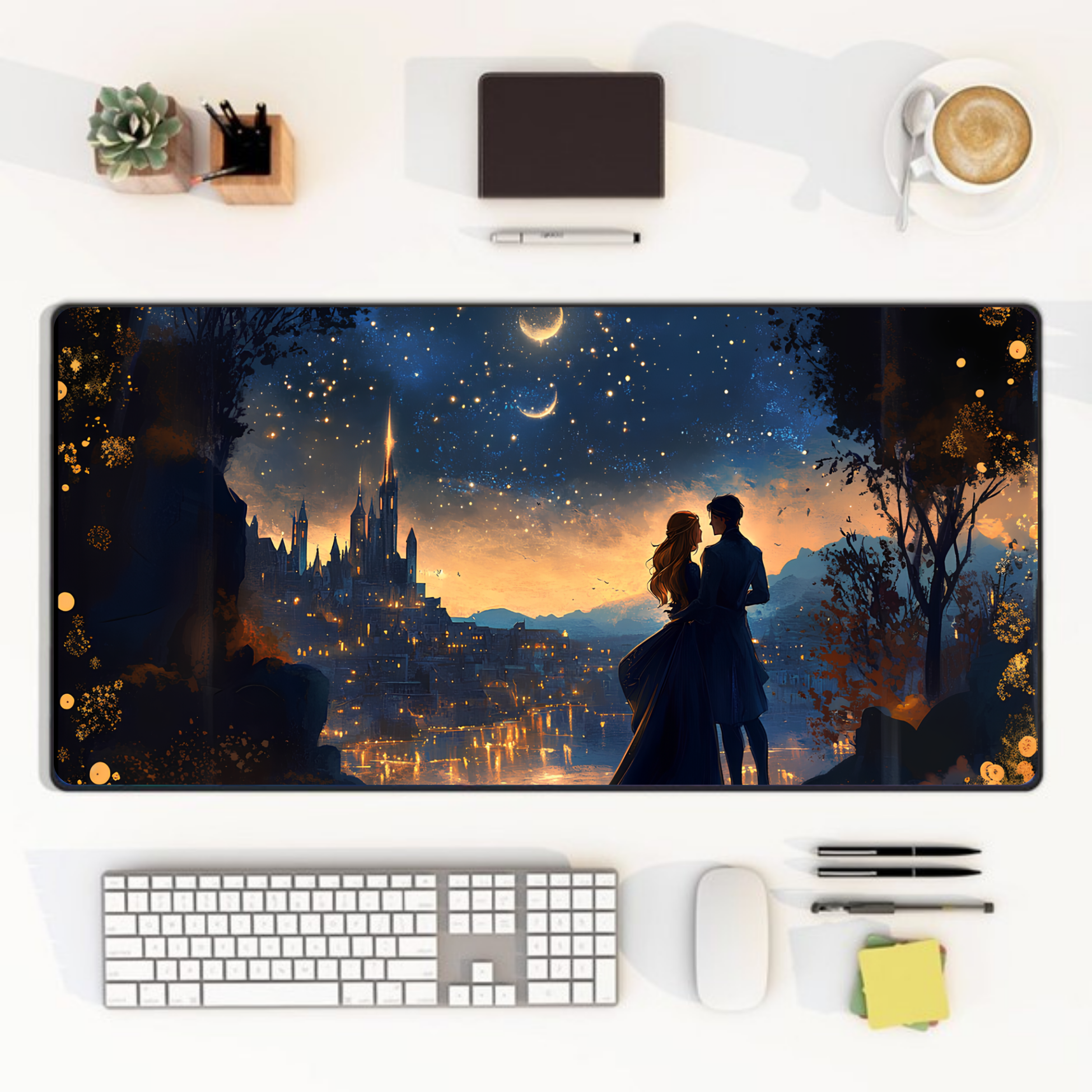 Fantasy desk mat with romantic starlit city design and silhouetted couple