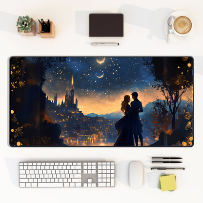 Fantasy desk mat with romantic starlit city design and silhouetted couple