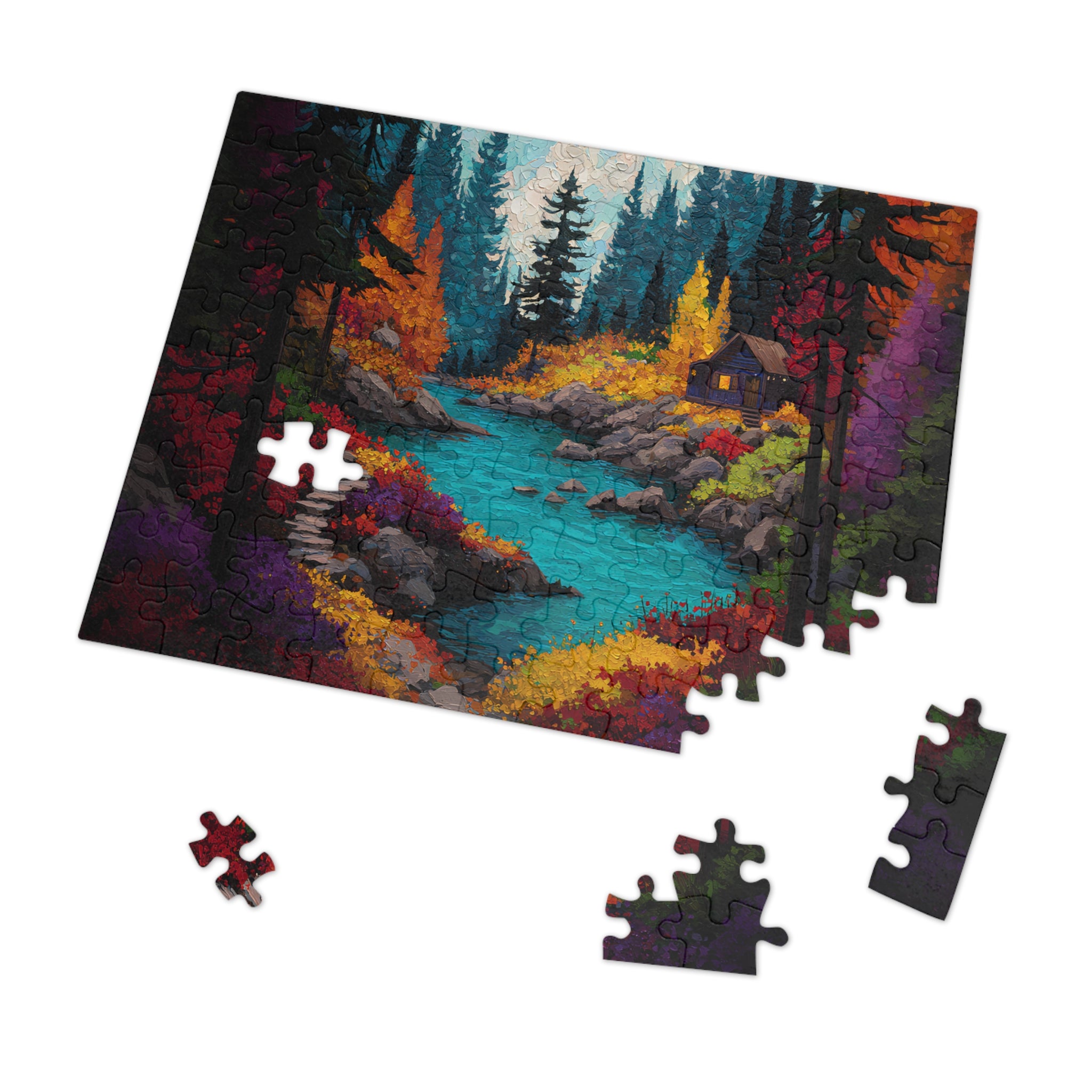 Autumn Cabin by the River Jigsaw Puzzle Cozy Fall Landscape Scene for Adults, Nature Retreat Gift