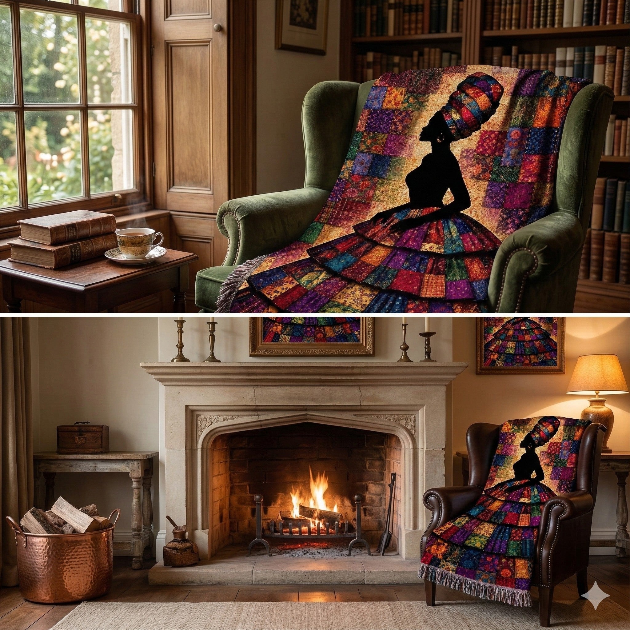 heirloom quality jacquard woven art blanket, jewel tone patchwork silhouette throw blanket, premium afrocentric home decor woven throw