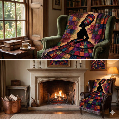 heirloom quality jacquard woven art blanket, jewel tone patchwork silhouette throw blanket, premium afrocentric home decor woven throw