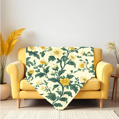 eco friendly vintage style blanket for small apartments, warm yellow toile throw for cozy morning coffee