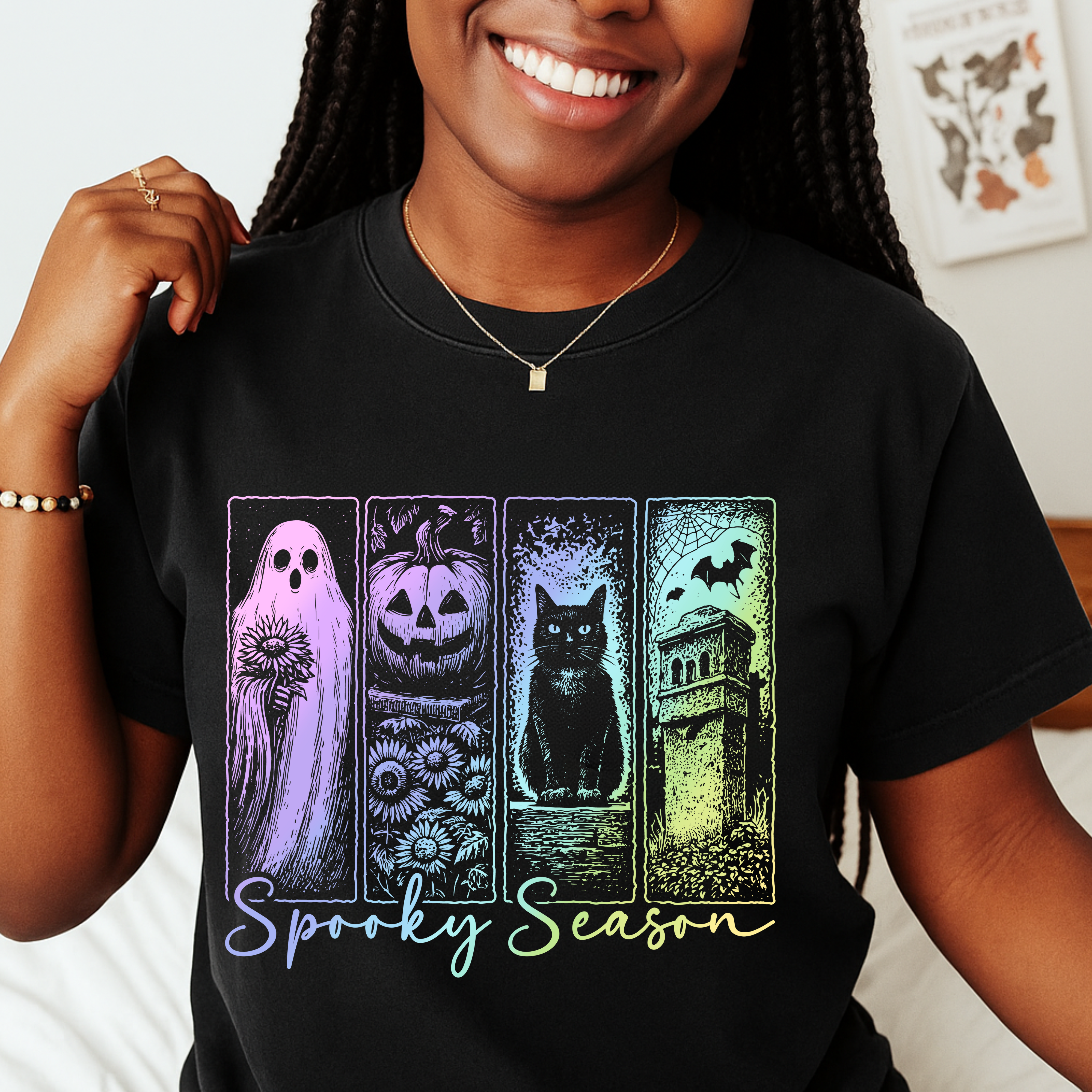 Spooky Season Halloween Shirt for Women Ghost Cat Pumpkin Tee – Cute Fall Aesthetic Witchy Graphic T-Shirt