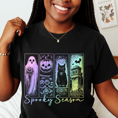 Spooky Season Halloween Shirt for Women Ghost Cat Pumpkin Tee – Cute Fall Aesthetic Witchy Graphic T-Shirt