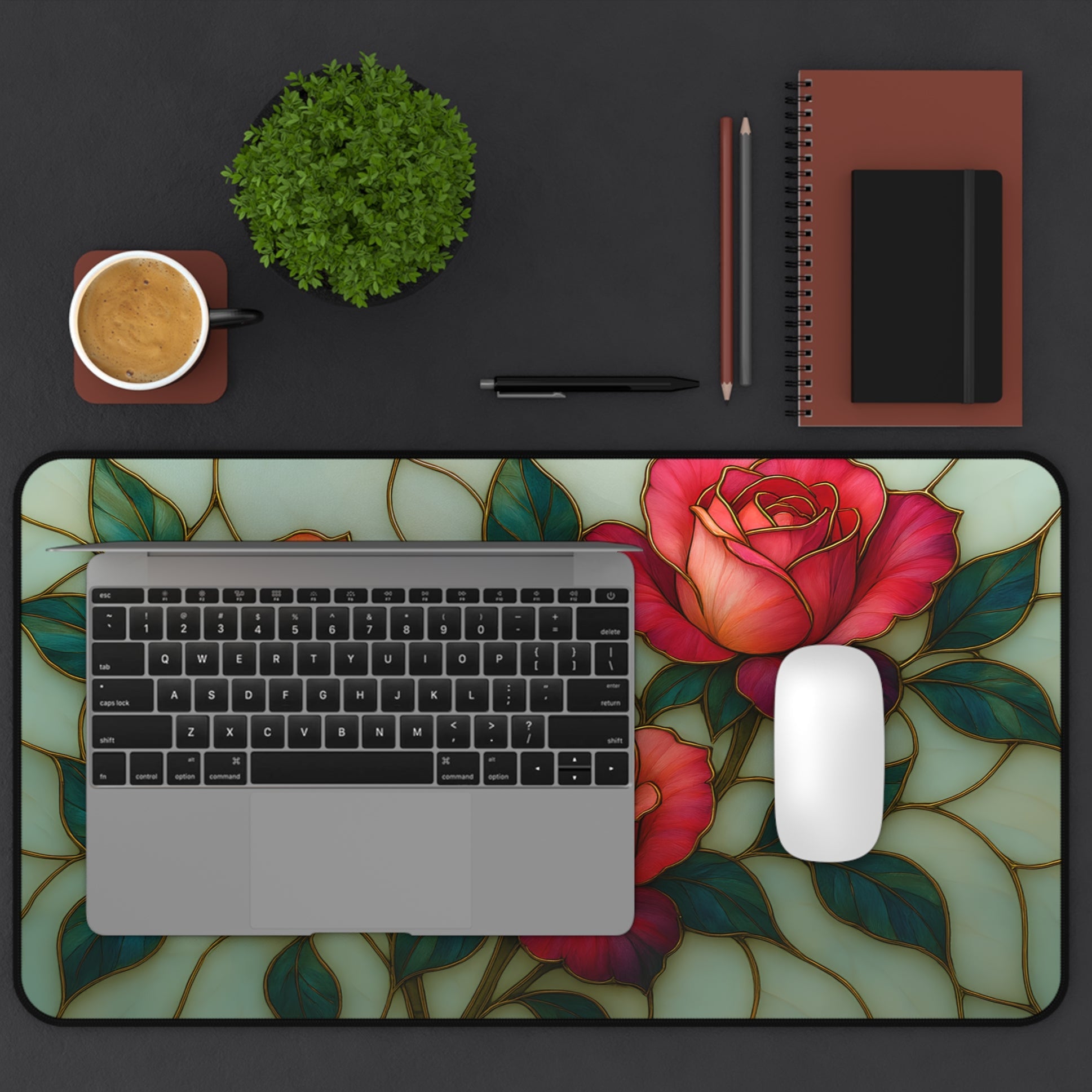 large floral gaming desk mat for pc setup, feminine rose flower desk mat gift