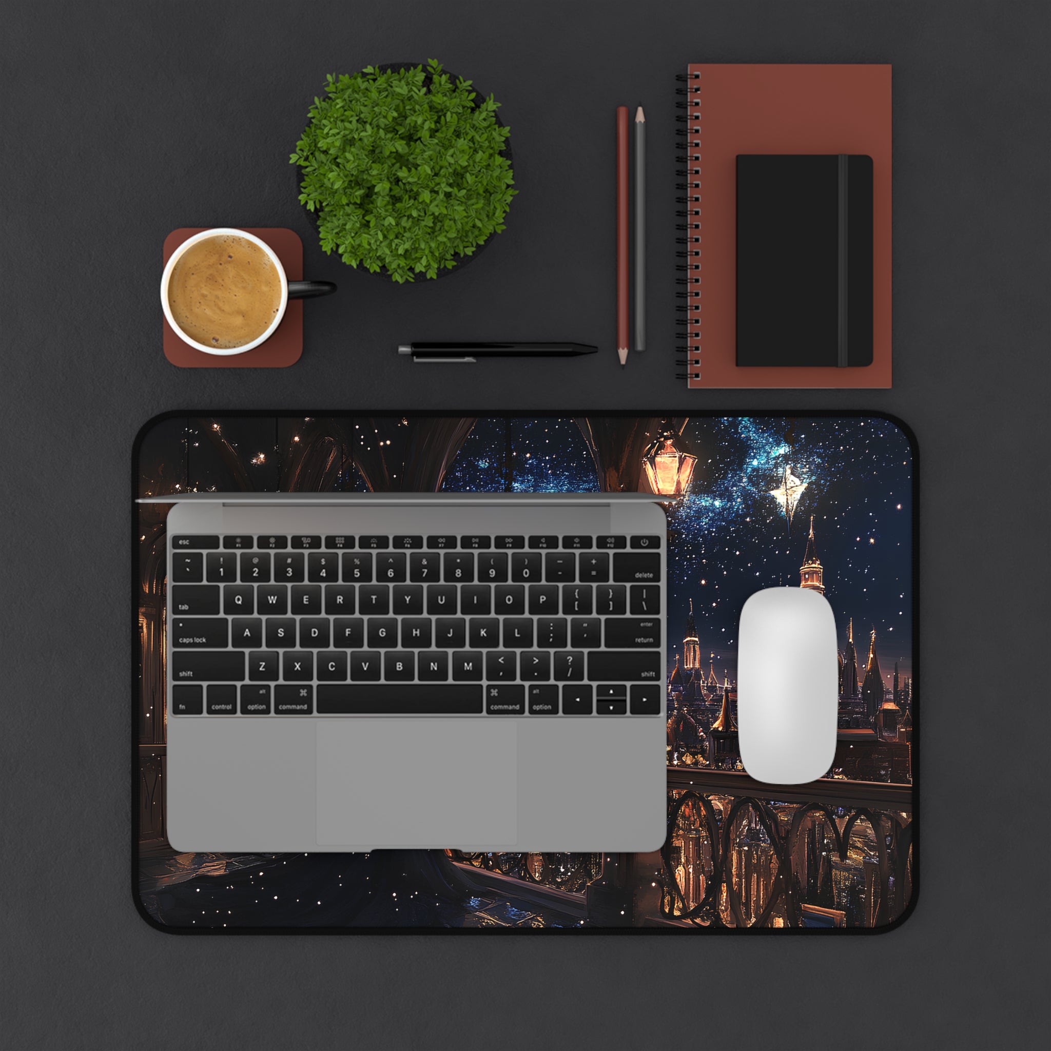 Cozy gamer fantasy desk mat with Feyre cityscape art