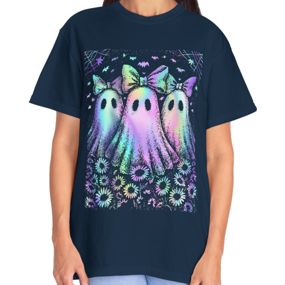 Pastel Rainbow Ghost Halloween Shirt for Women – Cute Spooky Season Tee with Bows & Floral Aesthetic