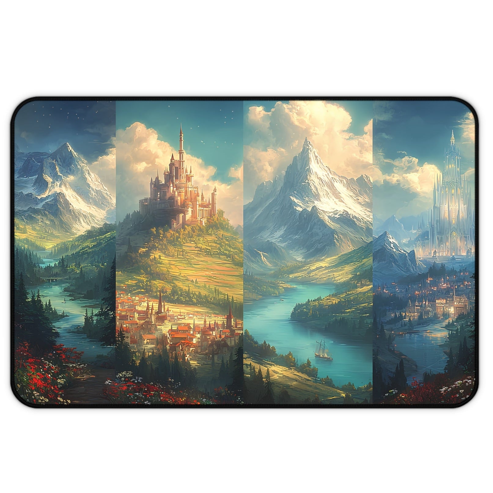 bookish desk mat fantasy castle design, cozy reading nook desk mat for dreamers
