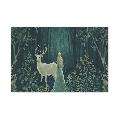 Enchanted Forest Stag & Maiden Canvas Wall Art Mystical Woodland Nature Lover Home Décor