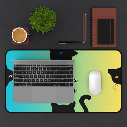 large computer desk cover with black cats and paw prints
