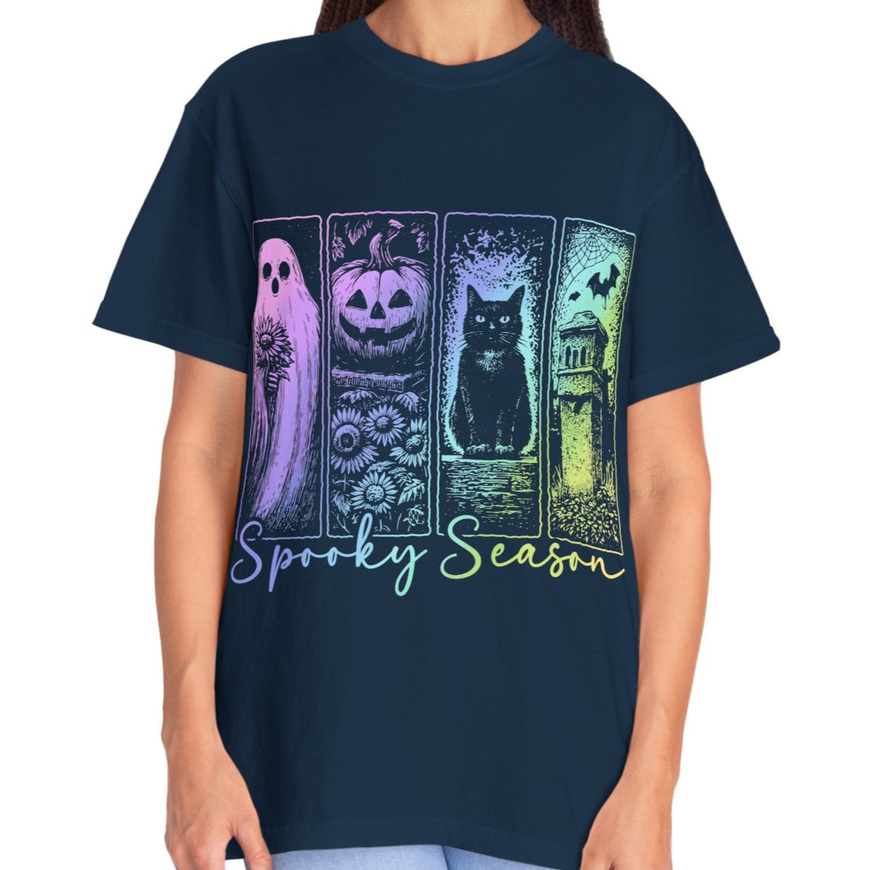 Spooky Season Halloween Shirt for Women Ghost Cat Pumpkin Tee – Cute Fall Aesthetic Witchy Graphic T-Shirt