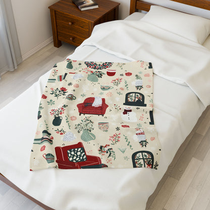 Velveteen Plush Christmas Blanket – Snowman Cocoa Floral Wreath Soft Cozy Holiday Throw