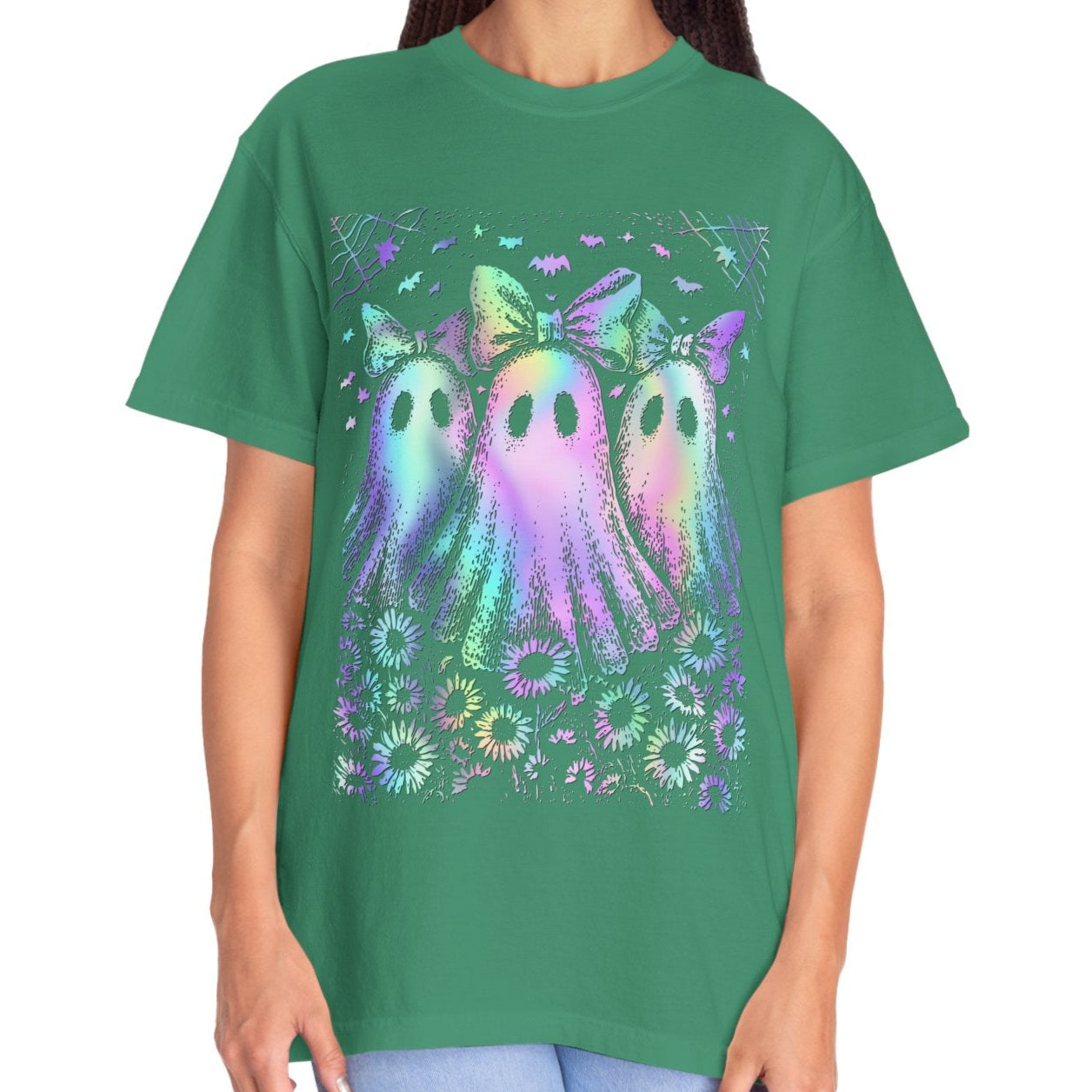 Pastel Rainbow Ghost Halloween Shirt for Women – Cute Spooky Season Tee with Bows & Floral Aesthetic