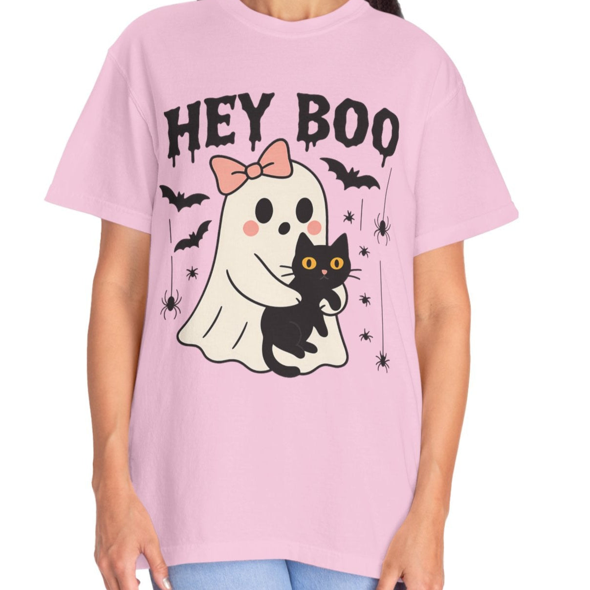 Hey Boo Ghost Shirt with Cat | Cute Halloween Tee for Women | Pastel Spooky Season Fall T-Shirt
