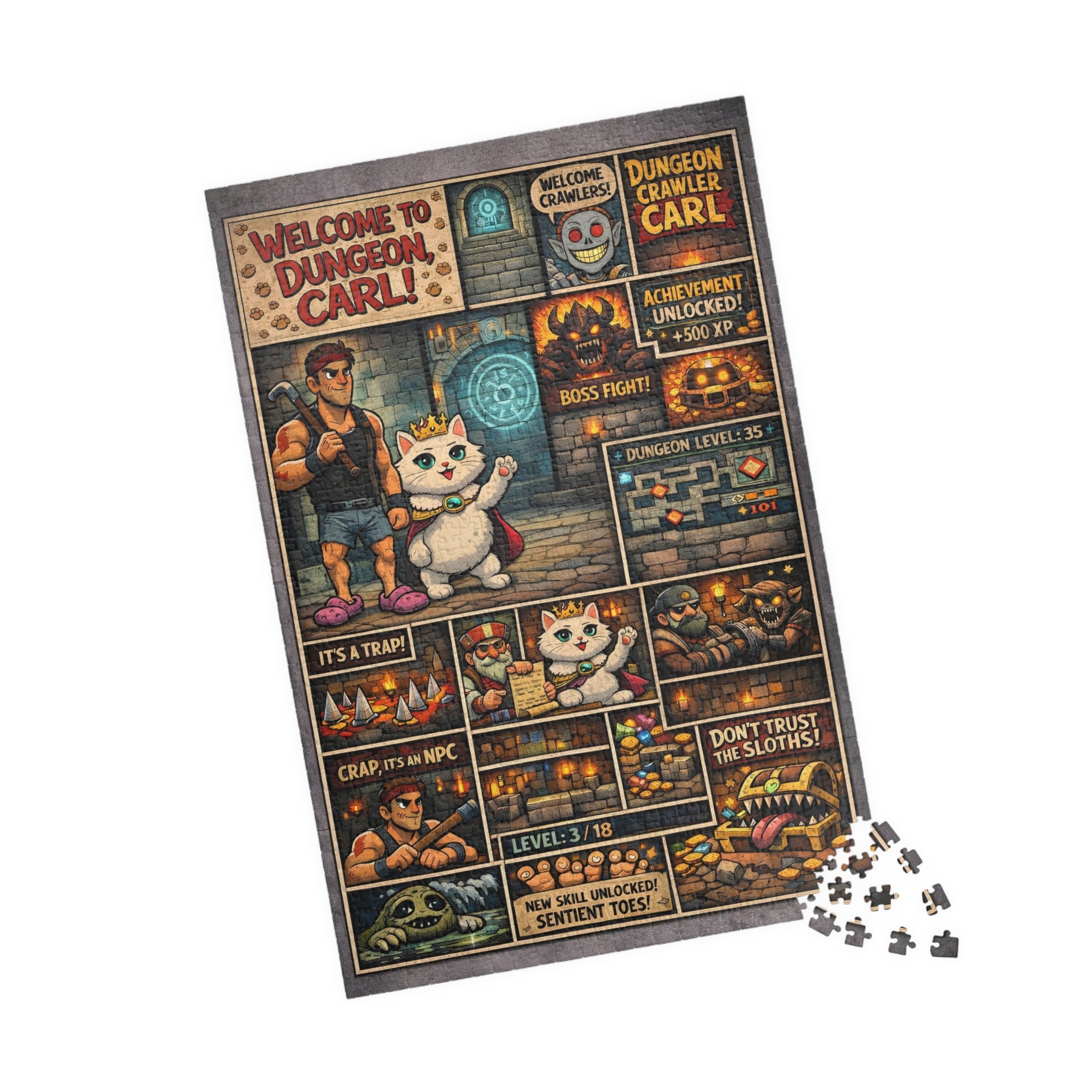 dungeon crawler cat jigsaw puzzle with comic style rpg panels, funny fantasy cat puzzle for gamers and book lovers, cozy game night jigsaw puzzle with heroic cat adventurer